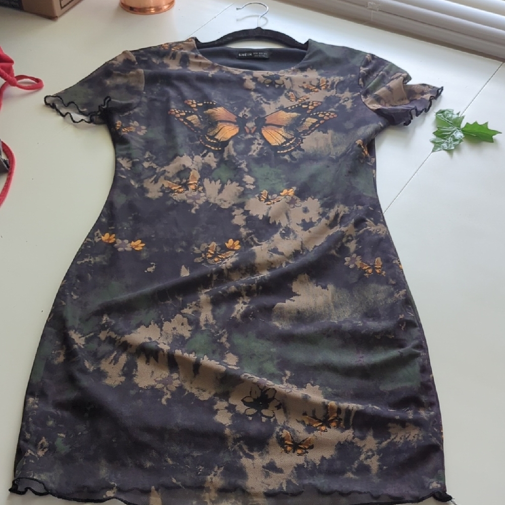 SHEIN Black & Tan Butterfly Print Mini Dress